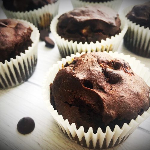 Gluten free and refined sugar free chocolate chip and banana muffins. Rich in chocolate chips and banana chunks.