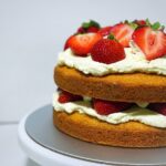 Classic Victoria Sponge Cake with cream and fresh strawberries