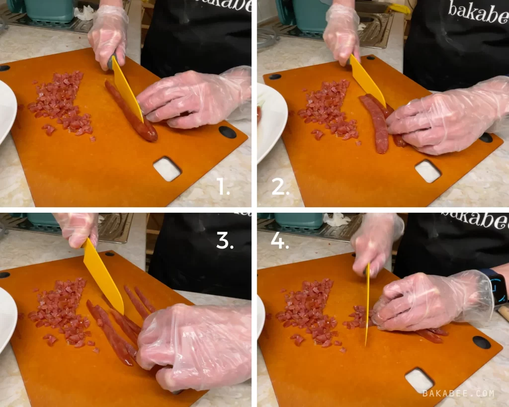 cutting Chinese sausages for turnip cakes