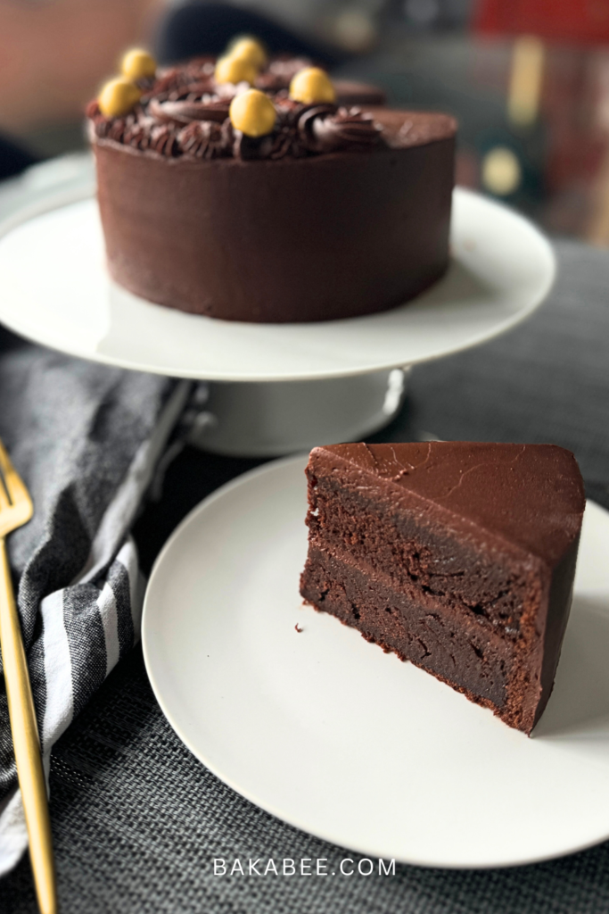 a slice of chocolate yoghurt cake on a plain white plate and the cake on a cake stand