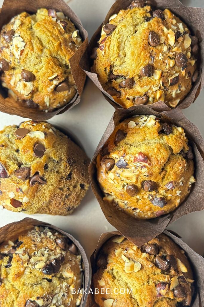 Six the best bakery-style chocolate chip hazelnut muffins in a muffin tin