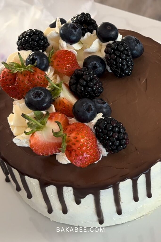 fruit cream cake with chocolate drip