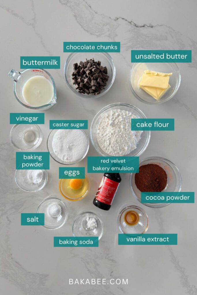 ingredients of red velvet chocolate chunk muffins