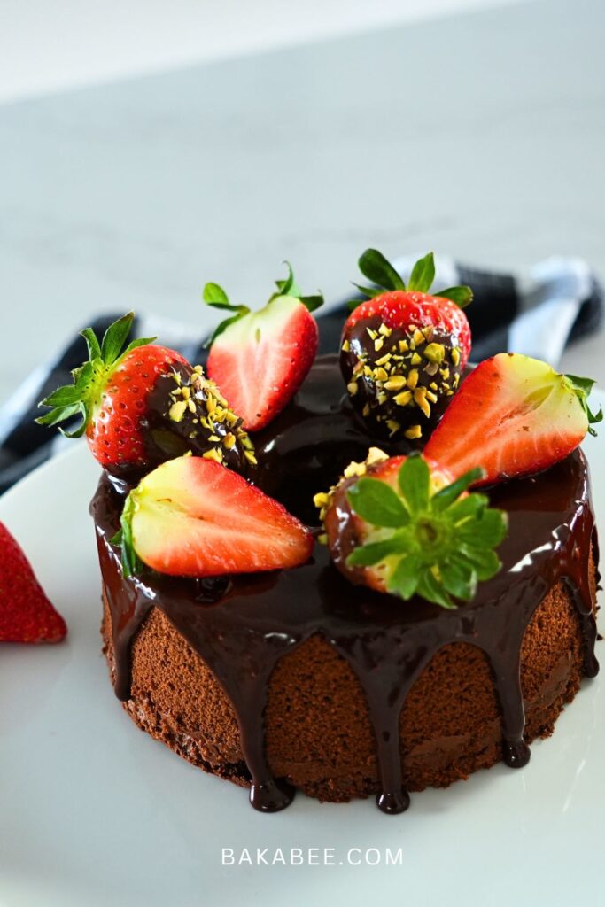 chocolate chiffon cake with chocolate ganache and strawberries