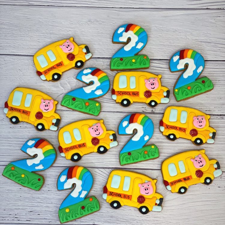 Cocomelon themed customzized cookies school bus cookies number 2 cookies customized in Singapore