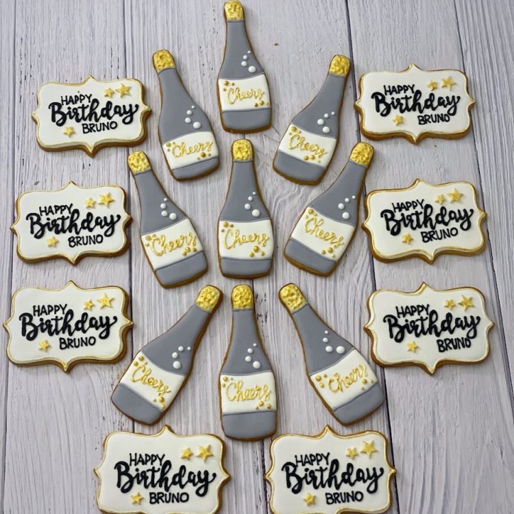 Happy Birthday message customized cookies Champagne bottles customized cookies Singapore